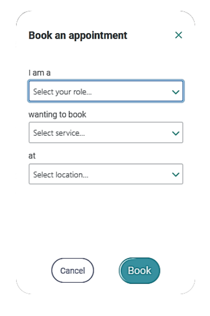 Modia Health Booking Wizard - Select your role, service, and location