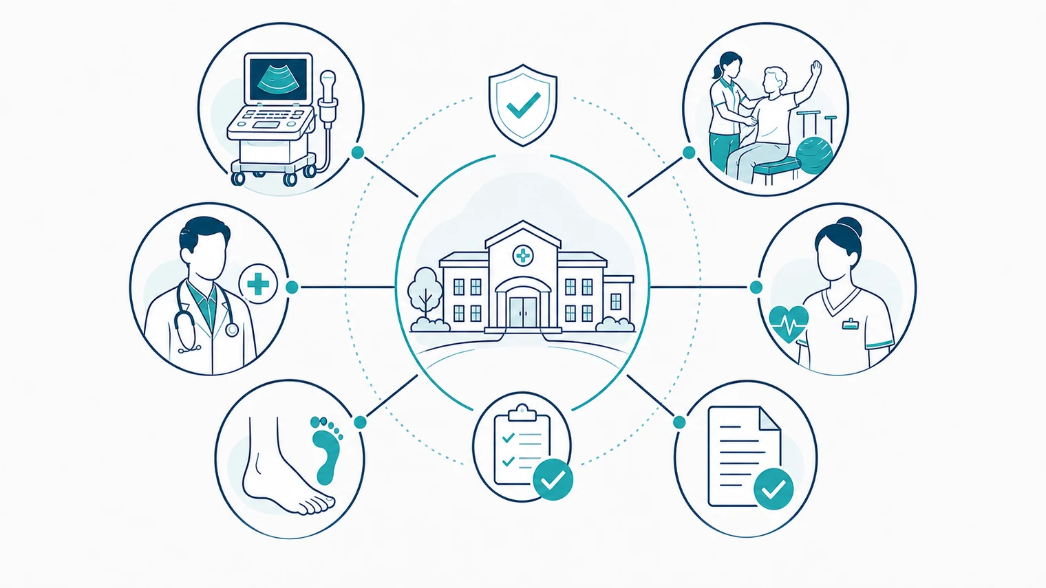 Schematic aged care facility connected to associated providers including mobile imaging, allied health and GP services