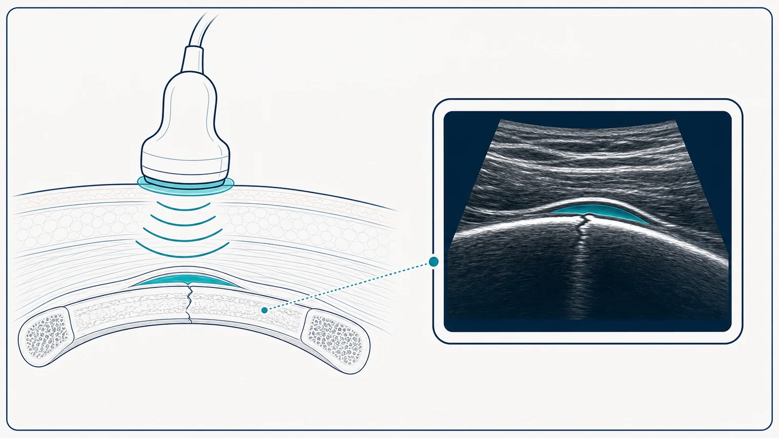 Schematic ultrasound showing periosteal lift and small fluid pocket over a non-displaced fracture
