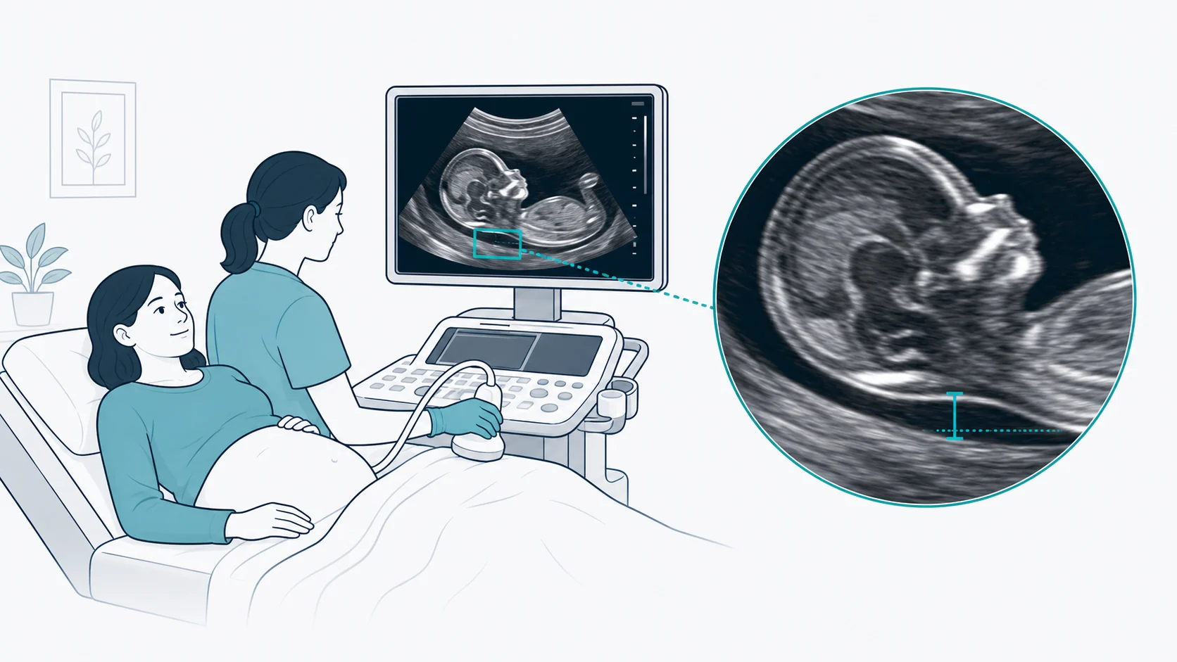 Schematic nuchal translucency ultrasound showing a first-trimester fetal profile with posterior neck caliper measurement