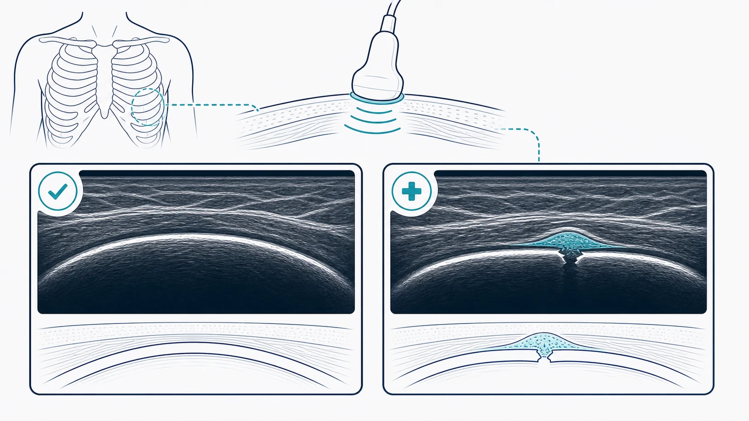 Schematic ultrasound comparison of normal rib cortex and healing rib fracture with early callus