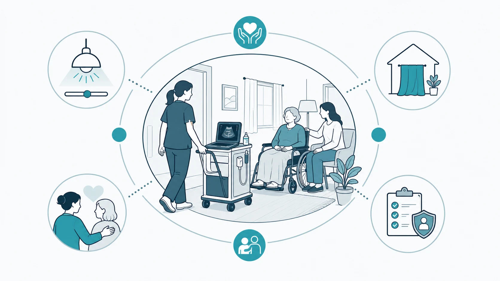 Schematic trauma-informed mobile healthcare visit in a calm home setting with portable equipment and support person