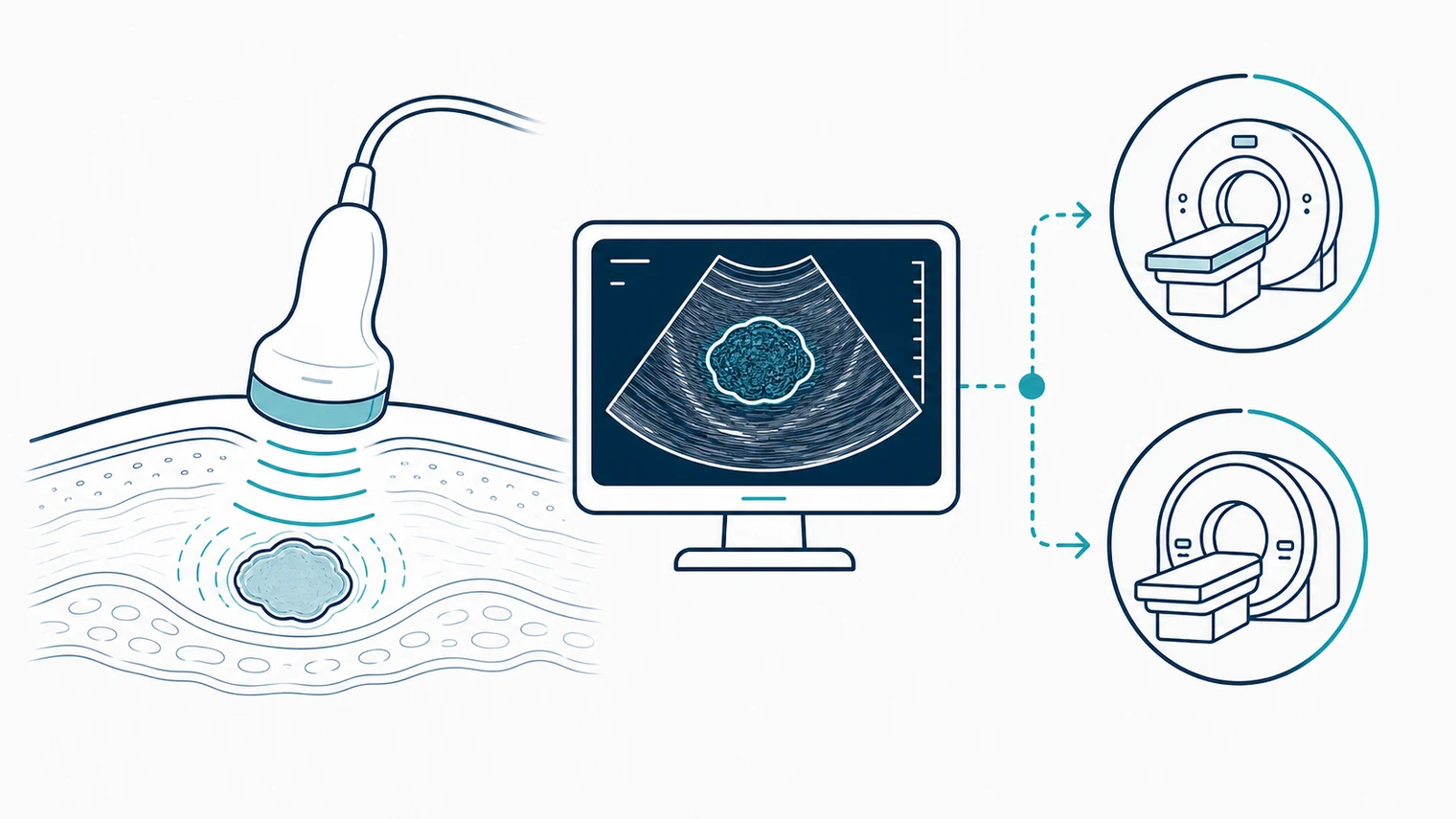 Schematic matrix showing what ultrasound sees well and when CT or MRI may be needed